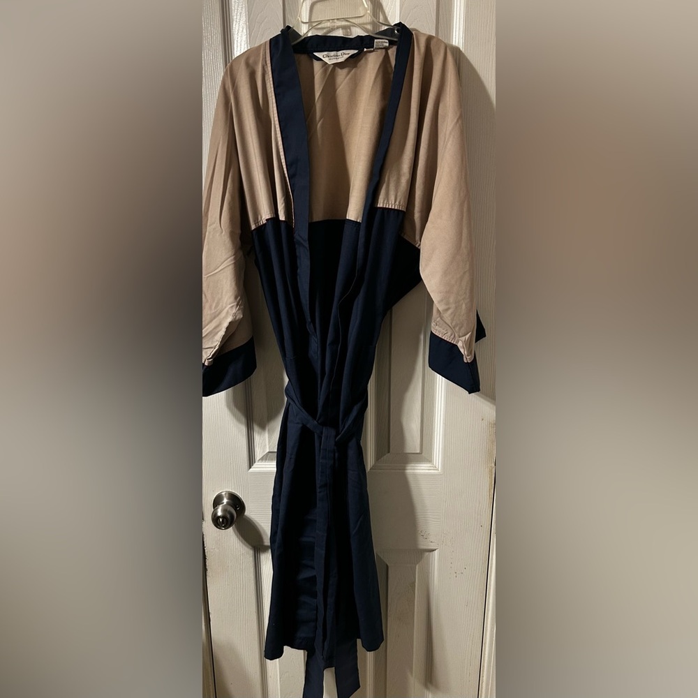 Vintage Men's Christian Dior Monsieur Blue & Tan Robe - One Size